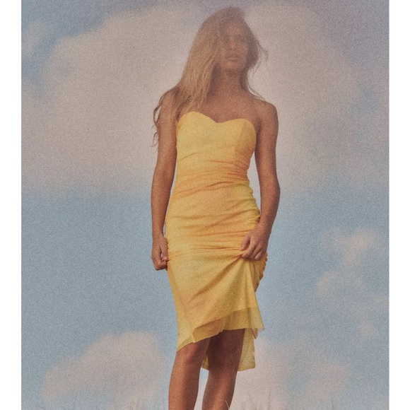 Zara NWT yellow orange tie dye printed tulle midi draped ruched sweetheart dress - Picture 8 of 16